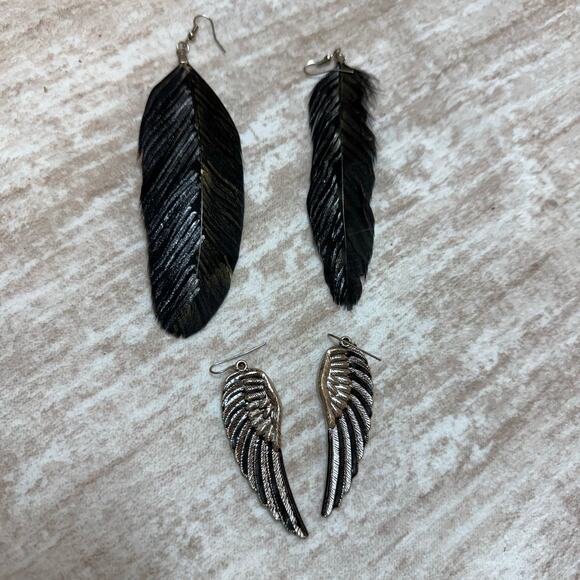 Feather Wings Black Silver Earring Bundle 2 Fashion Jewelry - Picture 1 of 3